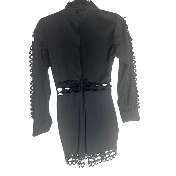 Women's L Black High-Neck Lace Trim Button-Up Romper Long Sleeve Elegant Chic - Picture 12 of 12